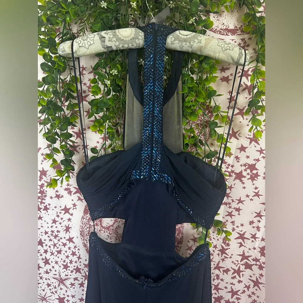 La Femme Navy Blue Maxi Dress with Subtle Sparkle Trim - Picture 5 of 8